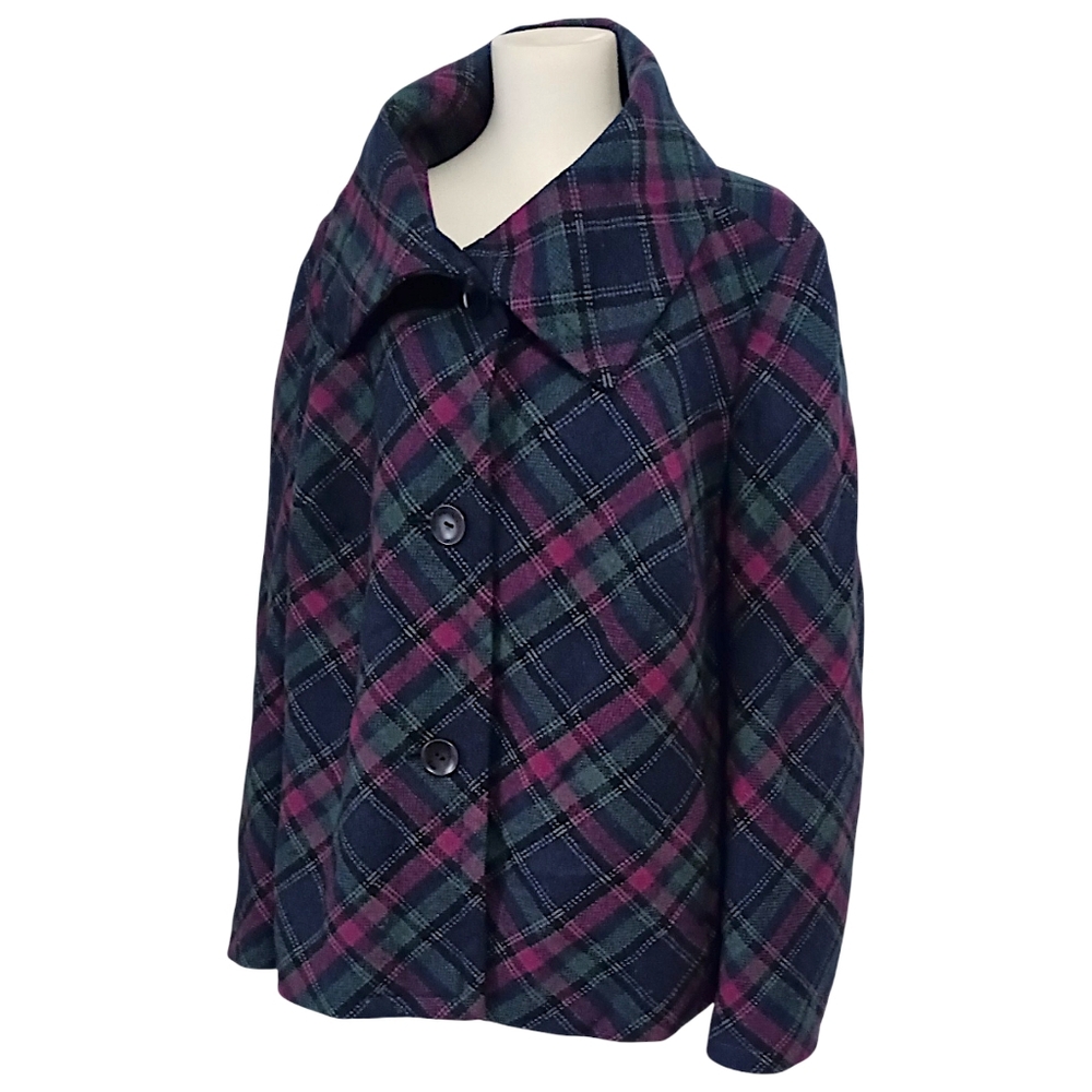 Talbots Plaid Wool Blend Jacket 18W Pea Coat Pocket Swing Lined Oversized Collar - Picture 5 of 16